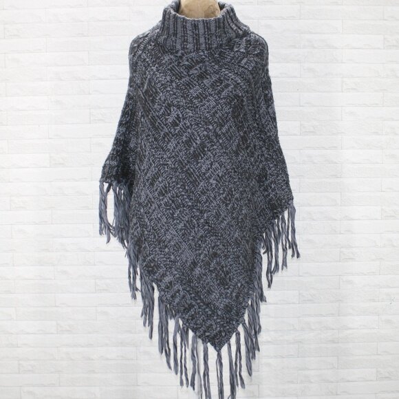 None Sweaters - Poncho Knit Fringe Diagonal Cable Knit Stripe Warm Fringe Black Gray One Size